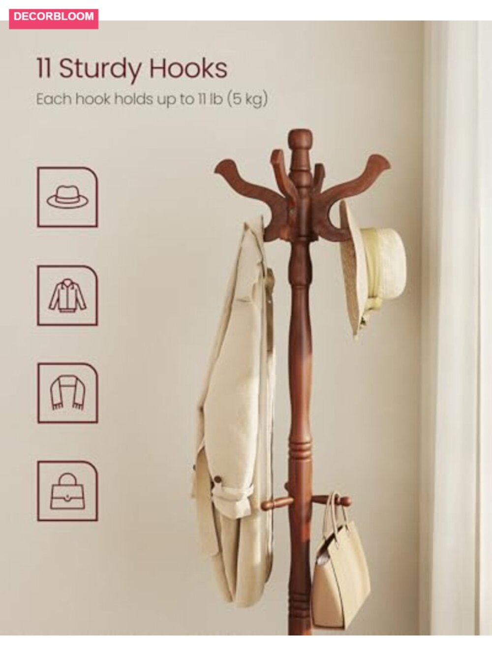 Solid Wood Coat Stand with 11 Hooks Freestanding Hall Tree - Picture 2 of 5